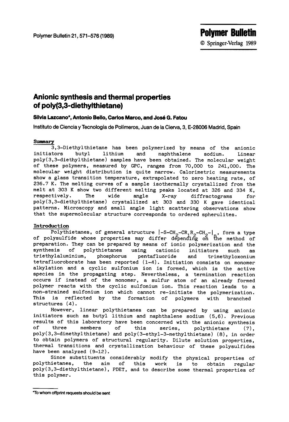 Anionic synthesis and thermal properties of poly(3,3-diethylthietane) by Unknown