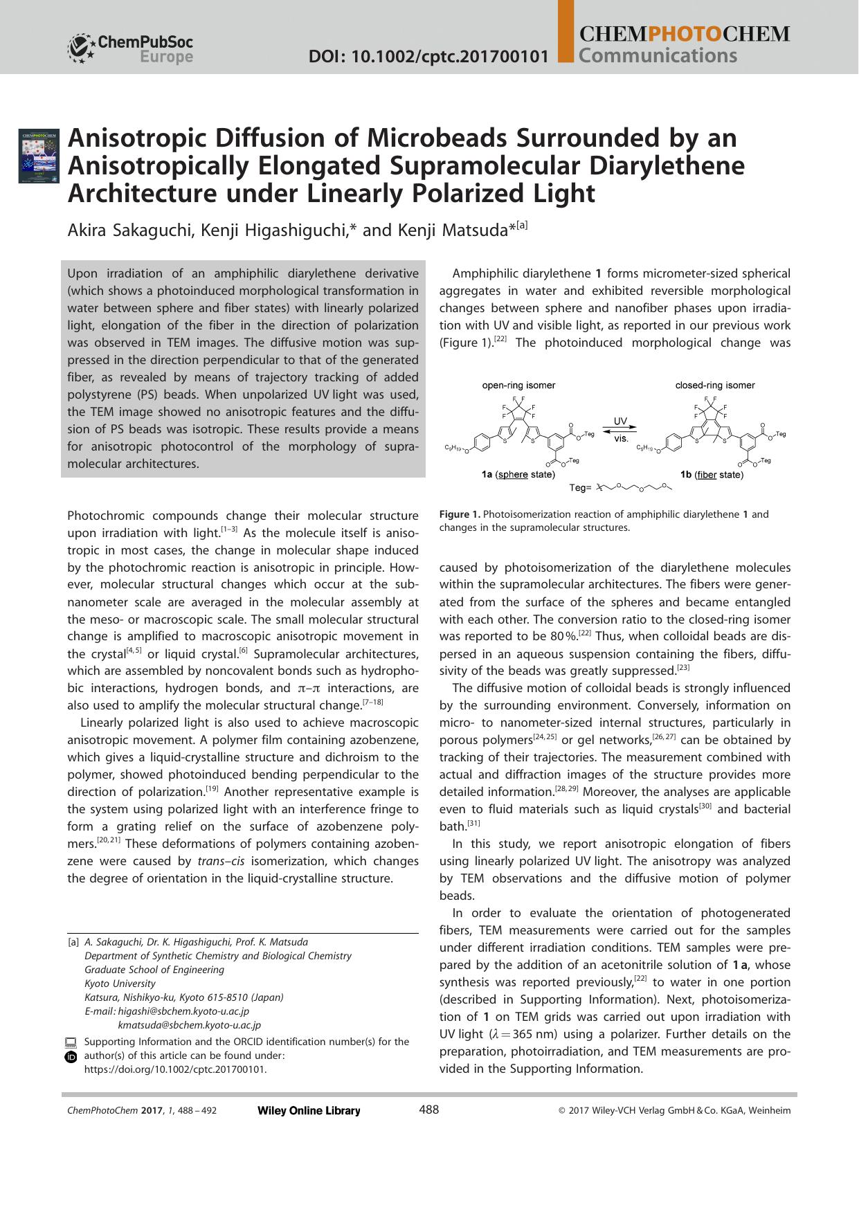 Anisotropic Diffusion of Microbeads Surrounded by an Anisotropically Elongated Supramolecular Diarylethene Architecture under Linearly Polarized Light by Unknown
