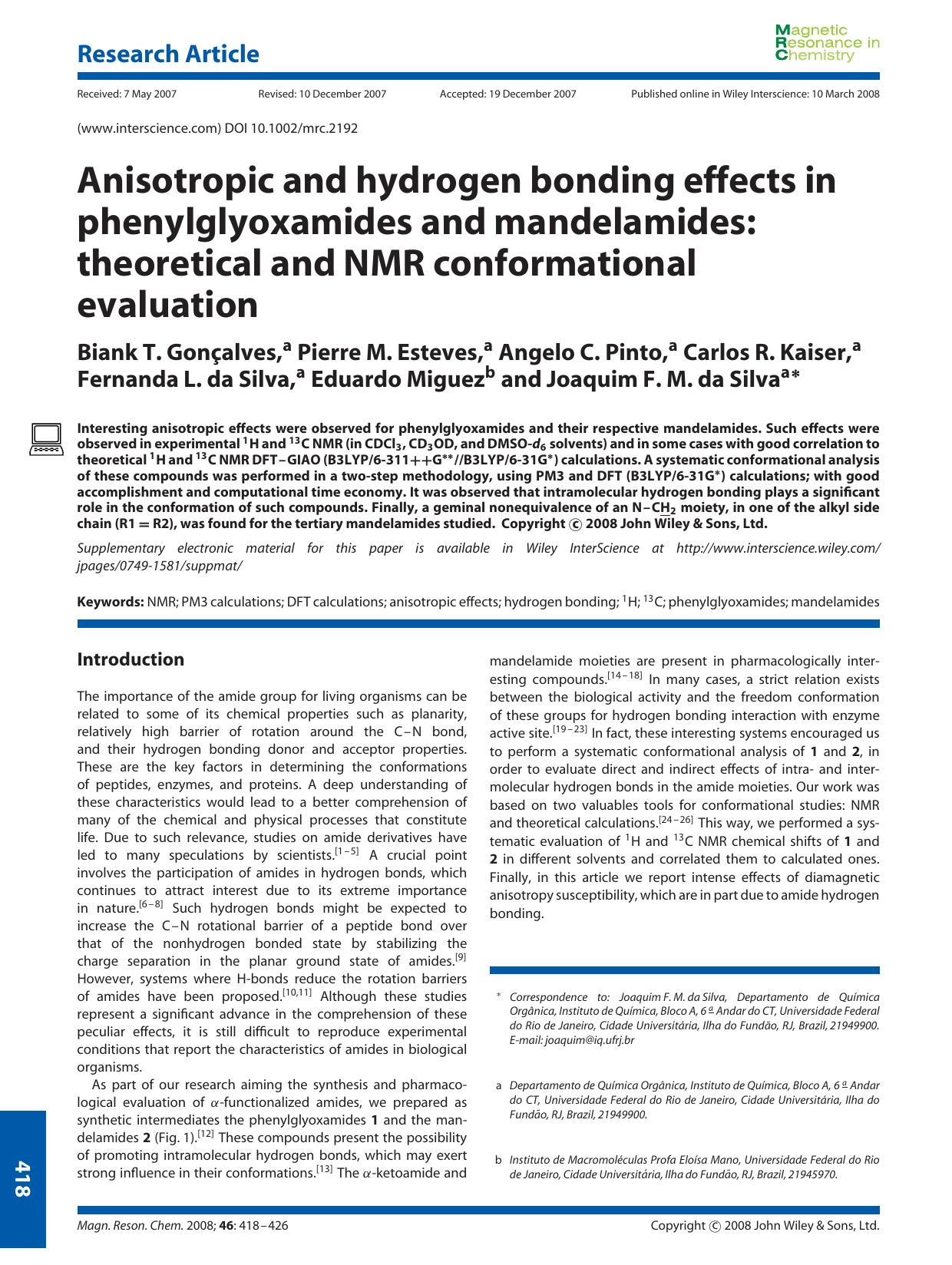 Anisotropic and hydrogen bonding effects in phenylglyoxamides and mandelamides: theoretical and NMR conformational evaluation by Unknown