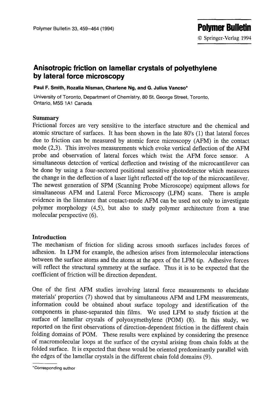 Anisotropic friction on lamellar crystals of polyethylene by lateral force microscopy by Unknown