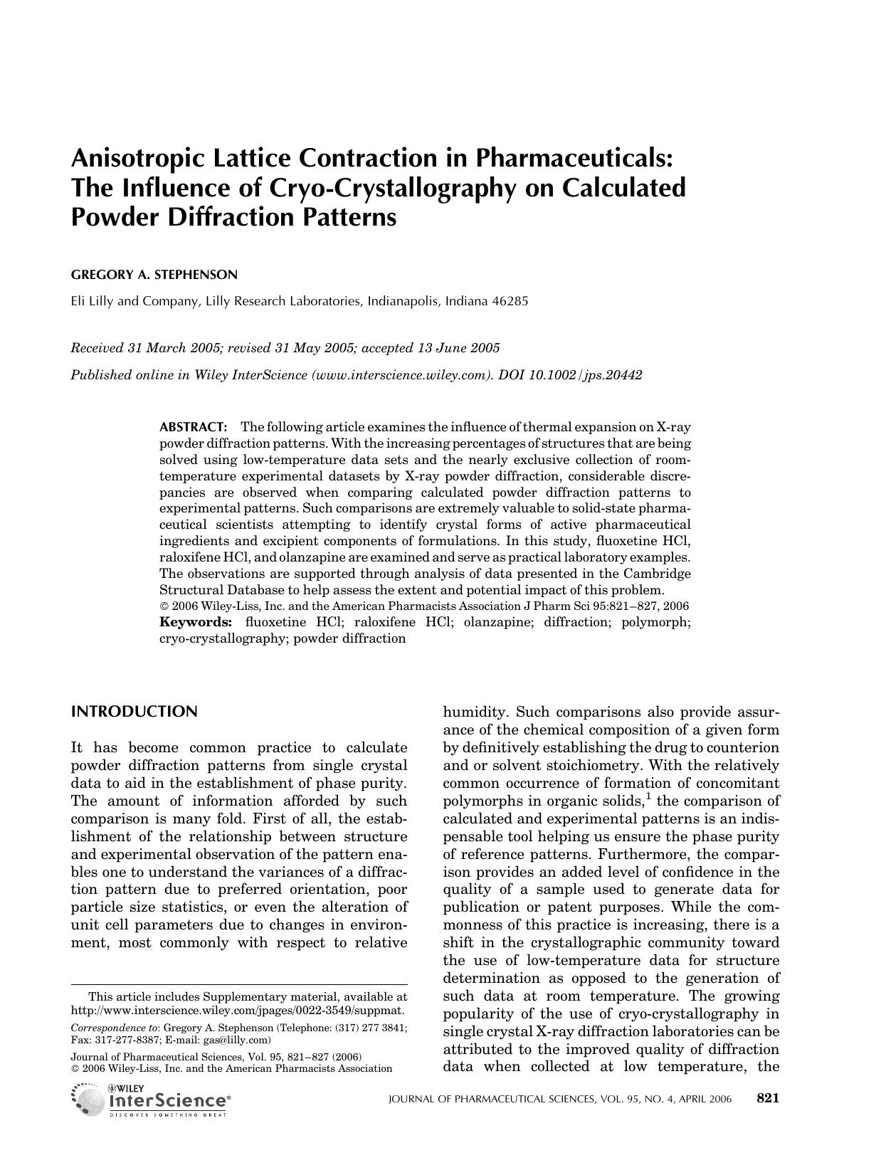Anisotropic lattice contraction in pharmaceuticals: The influence of cryo-crystallography on calculated powder diffraction patterns by Unknown