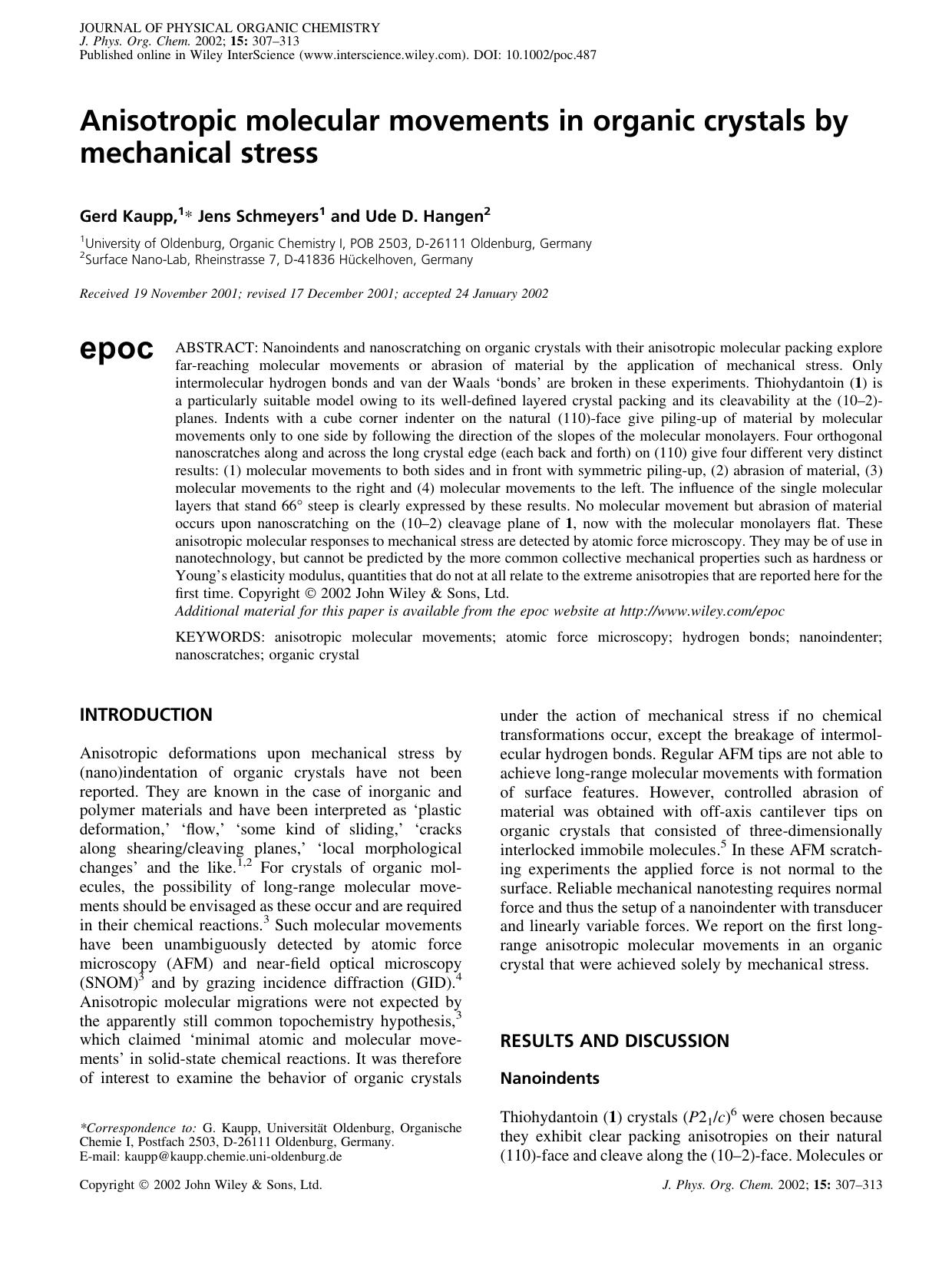 Anisotropic molecular movements in organic crystals by mechanical stress by Unknown