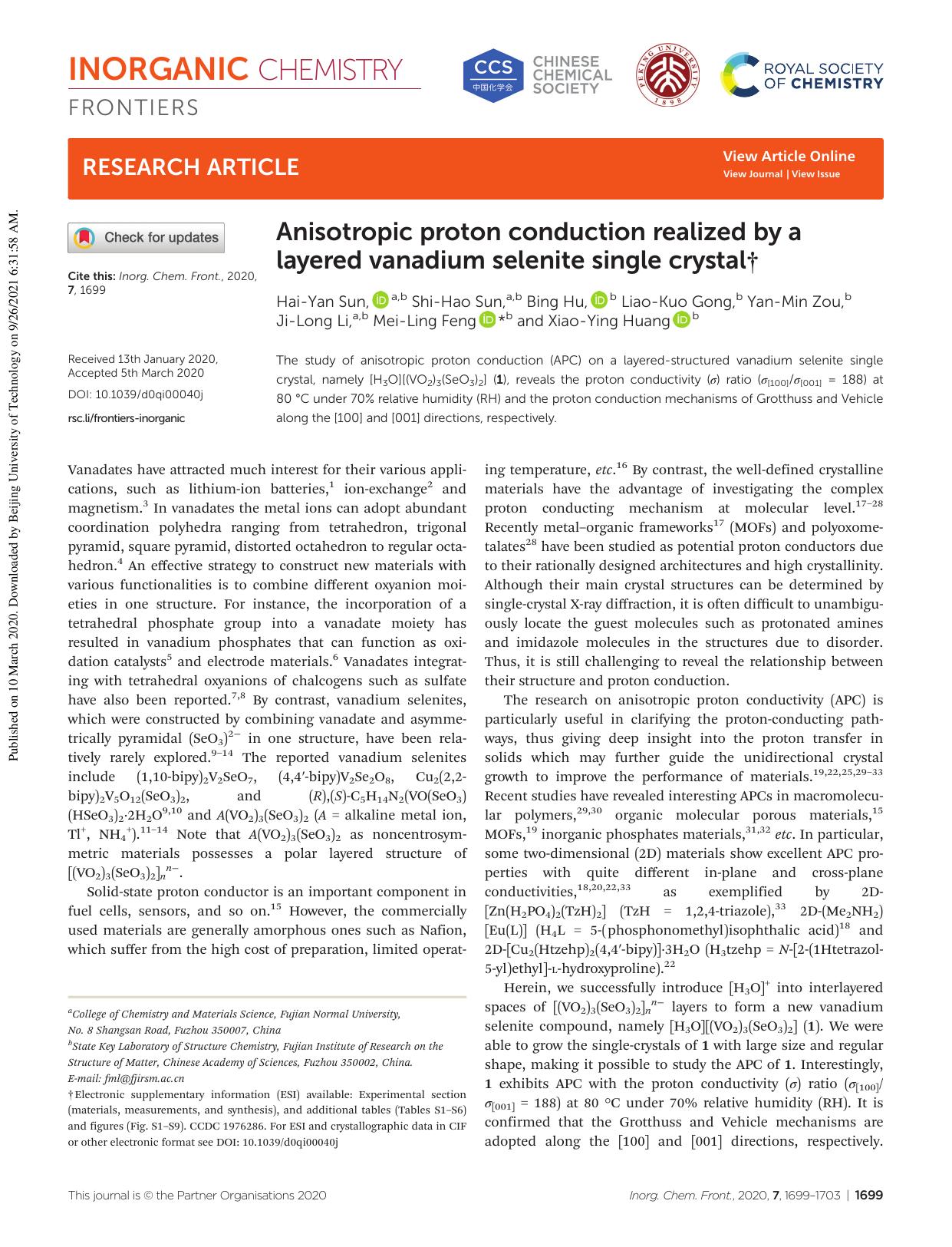 Anisotropic proton conduction realized by a layered vanadium selenite single crystal by unknow