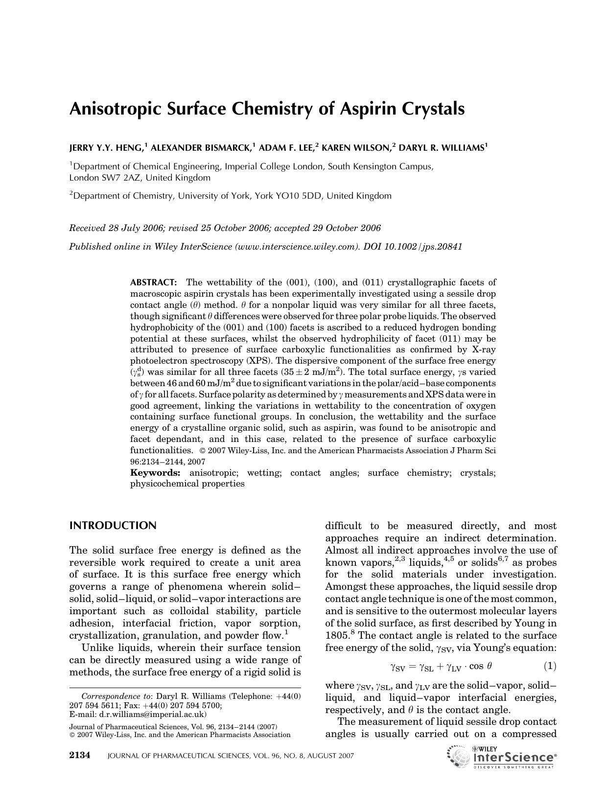 Anisotropic surface chemistry of aspirin crystals by Unknown