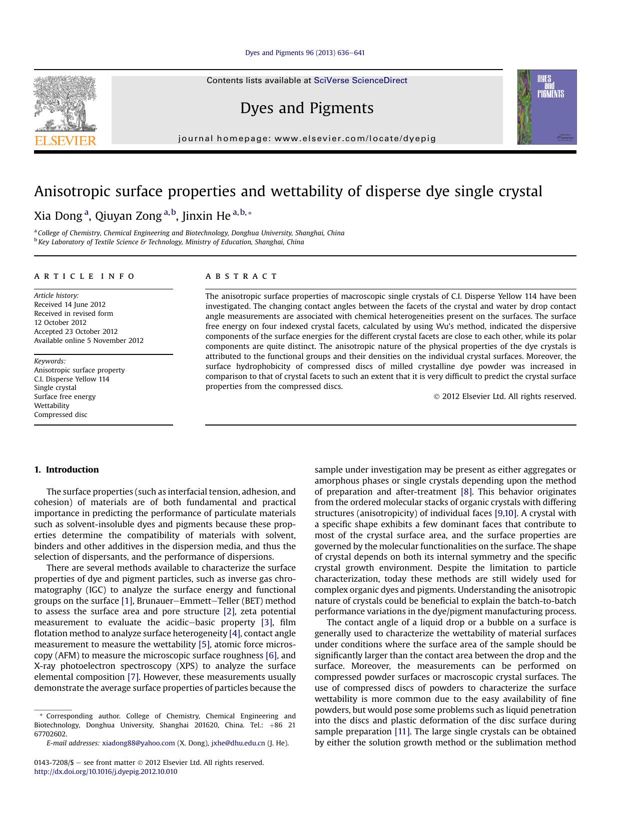 Anisotropic surface properties and wettability of disperse dye single crystal by Xia Dong & Qiuyan Zong & Jinxin He