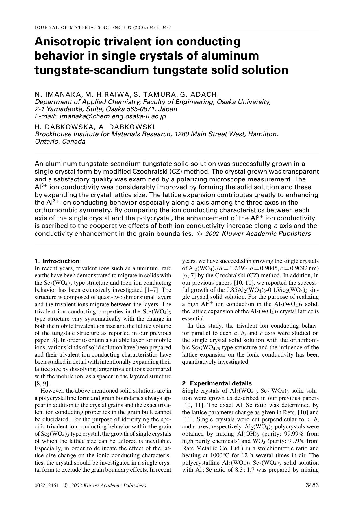 Anisotropic trivalent ion conducting behavior in single crystals of aluminum tungstate-scandium tungstate solid solution by Unknown