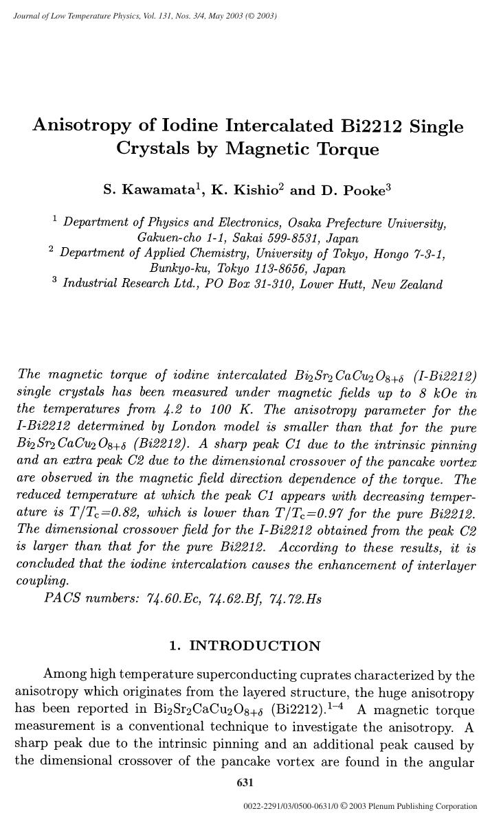 Anisotropy of Iodine Intercalated Bi2212 Single Crystals by Magnetic Torque by Unknown