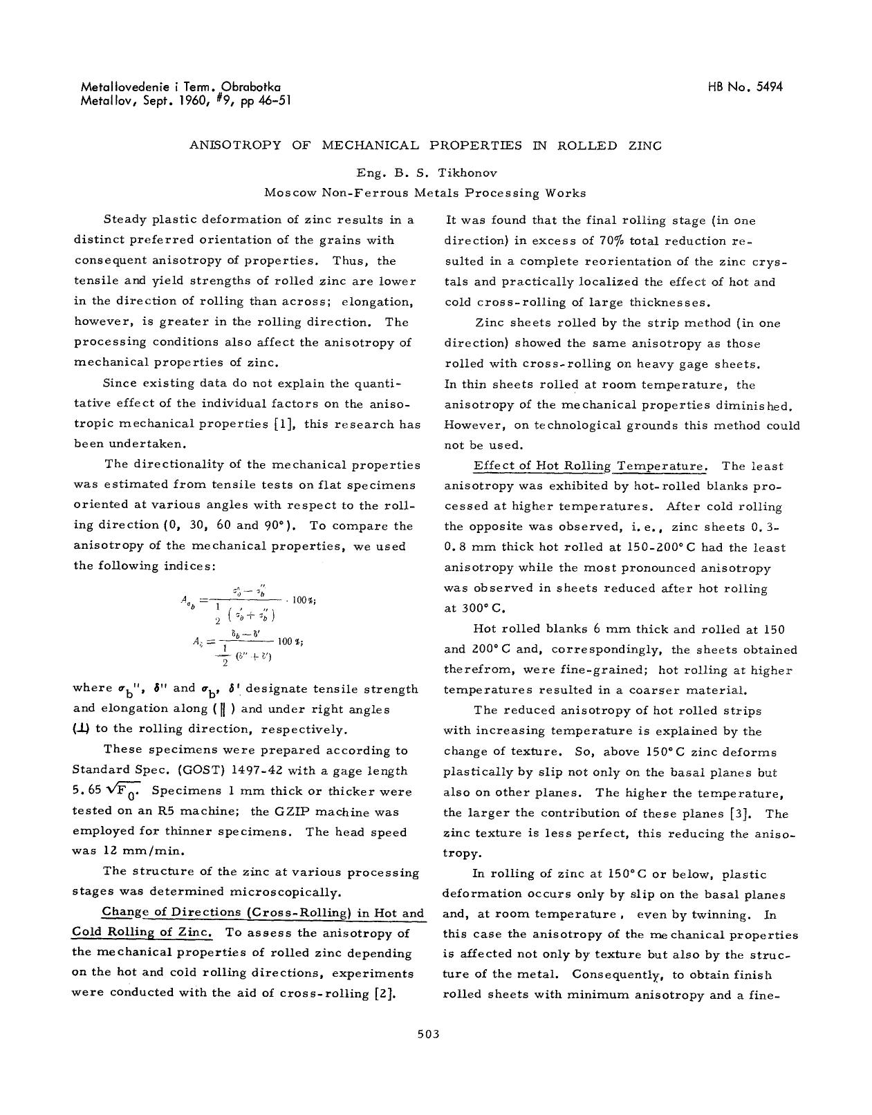 Anisotropy of mechanical properties in rolled zinc by Unknown