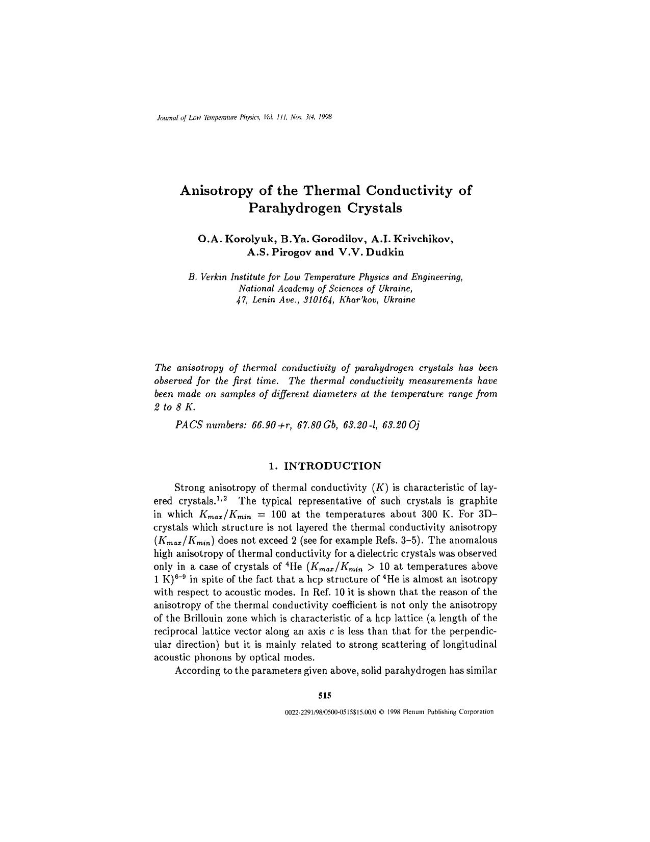 Anisotropy of the Thermal Conductivity of Parahydrogen Crystals by Unknown