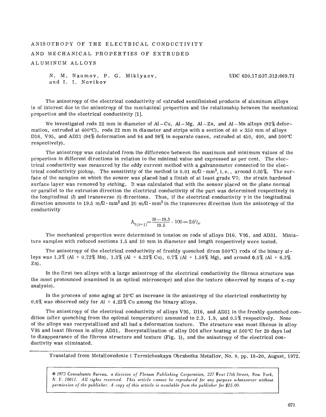 Anisotropy of the electrical conductivity and mechanical properties of extruded aluminum alloys by Unknown