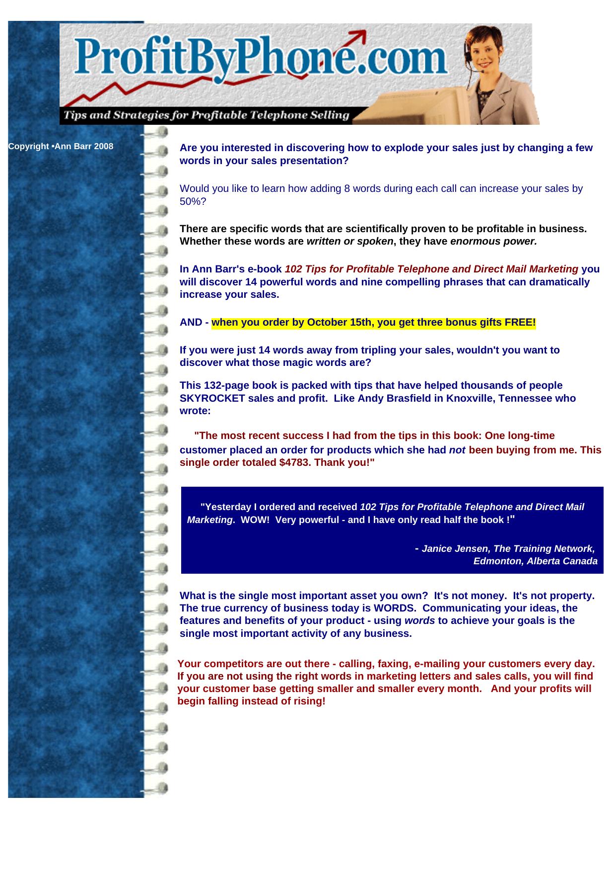 Ann Barr's System Of Selling By Phone. by Best of Kuszter's Collection