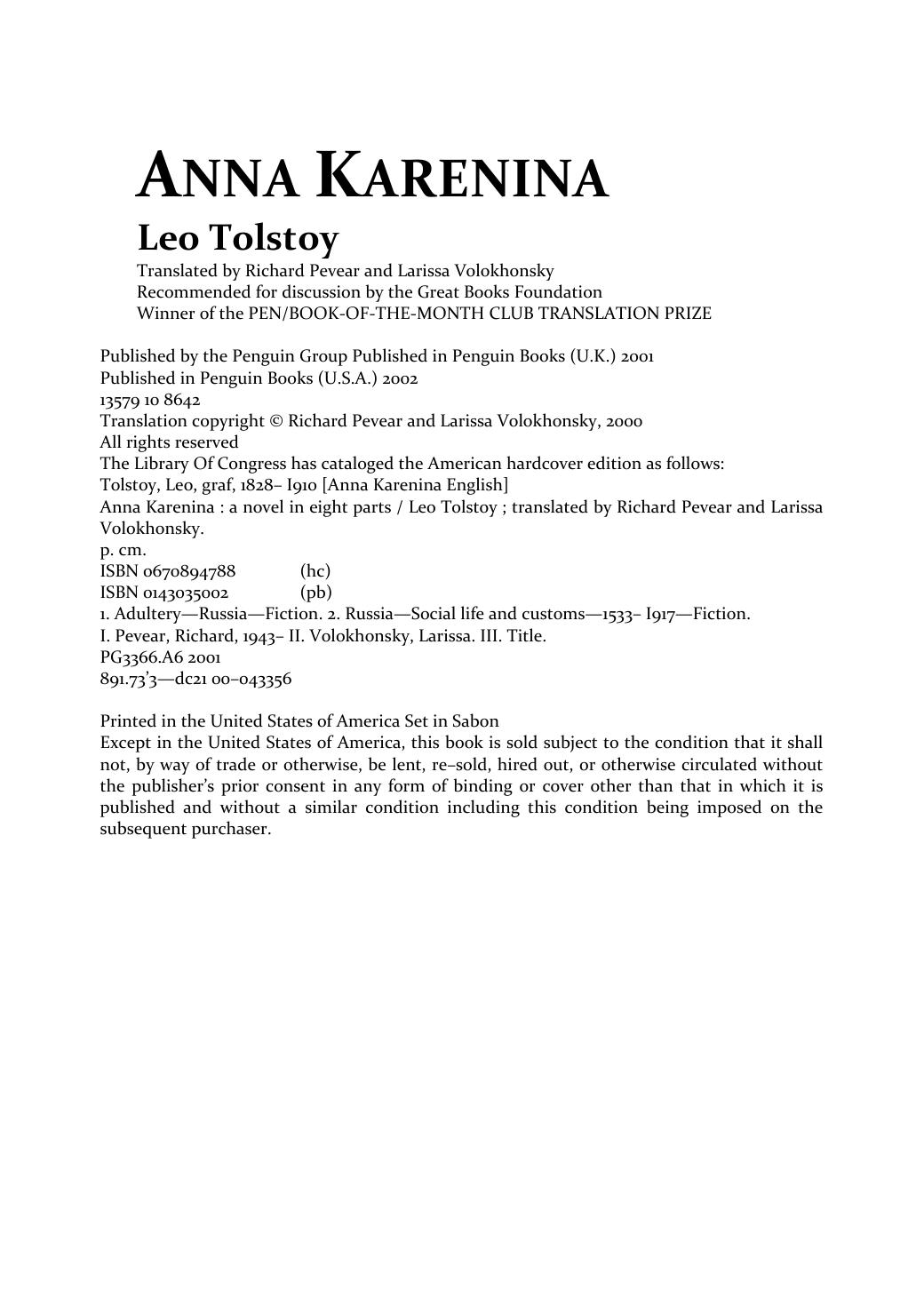 Anna Karenina (Penguin Classics) by Leo Tolstoy Richard Pevear Larissa Volokhonsky John Bayley