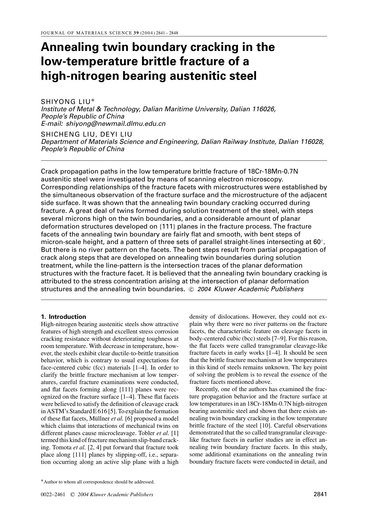 Annealing twin boundary cracking in the low-temperature brittle fracture of a high-nitrogen bearing austenitic steel by Unknown