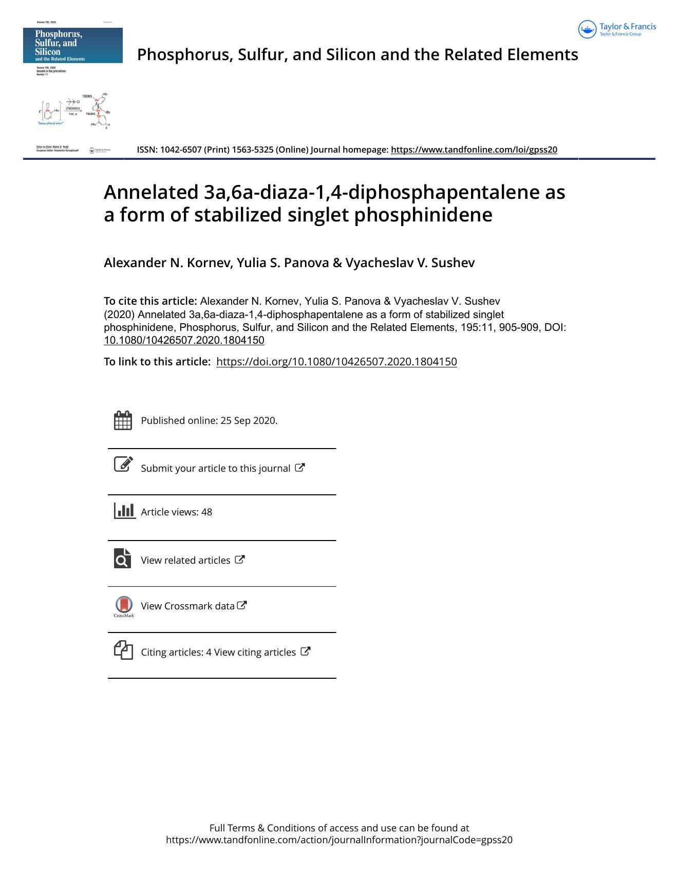Annelated 3a,6a-diaza-1,4-diphosphapentalene as a form of stabilized singlet phosphinidene by Kornev Alexander N. & Panova Yulia S. & Sushev Vyacheslav V