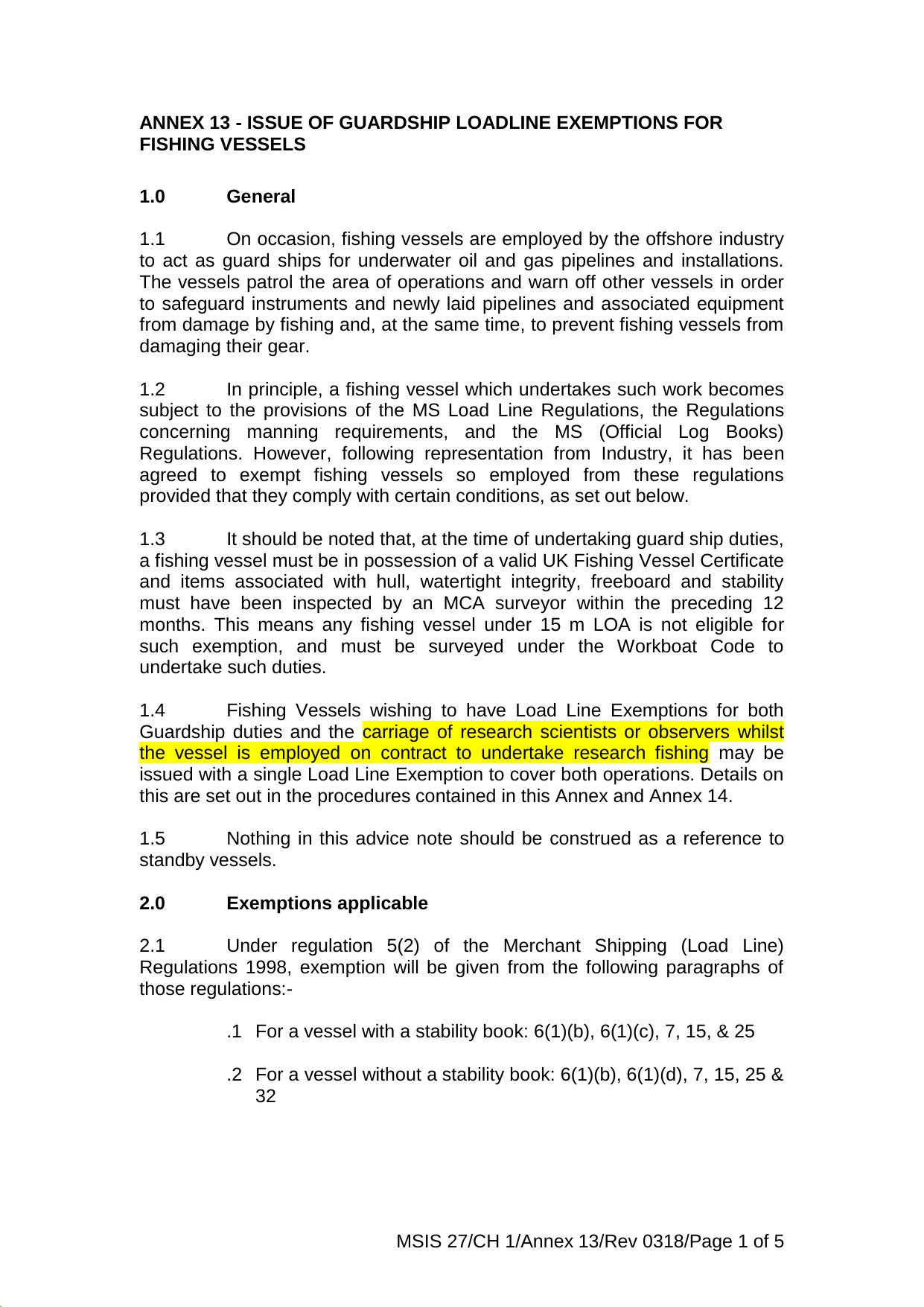 Annex 13 - Issue of Guardship Loadline Exemptions for Fishing Vessels (Rev. 0318) by gabbs