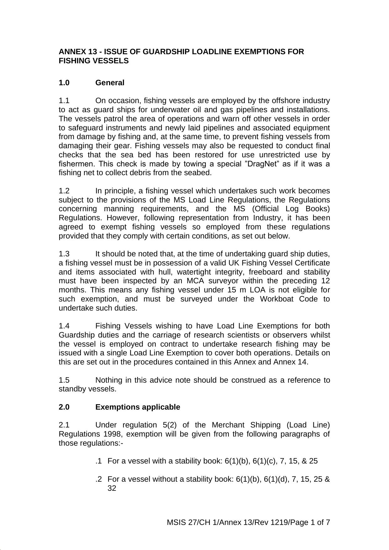 Annex 13 - Issue of Guardship Loadline Exemptions for Fishing Vessels (Rev. 1219) by Redistributed by Regs4ships Ltd