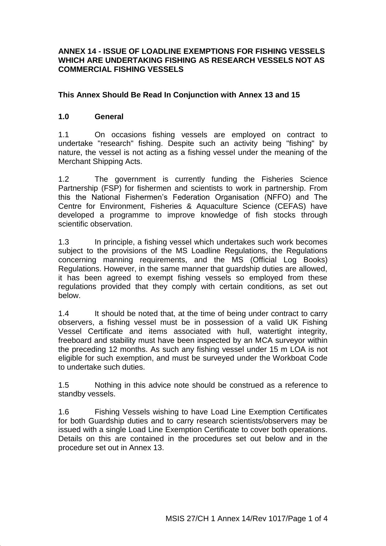 Annex 14 - Issue of Loadline Exemptions for Fishing Vessels Which are Undertaking Fishing as Research Vessels not as Commercial Fishing Vessels by gabbs