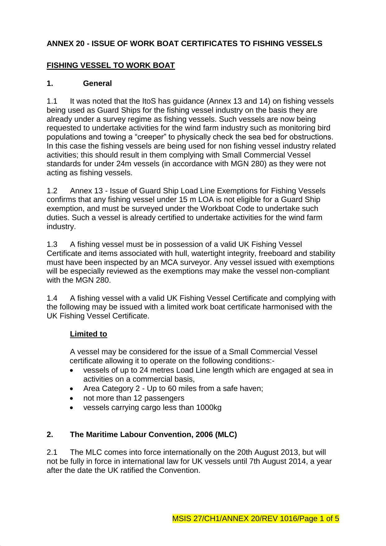 Annex 20 - Issue of Work Boat Certificates to Fishing Vessels by Redistributed by Regs4ships Ltd