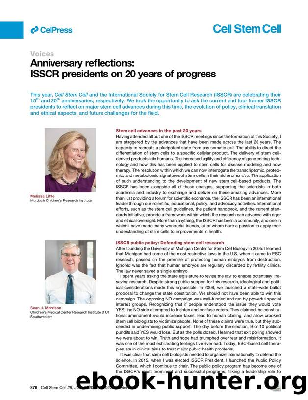 Anniversary reflections: ISSCR presidents on 20 years of progress by Melissa Little & Sean J. Morrison & Janet Rossant & Deepak Srivastava & George Q. Daley