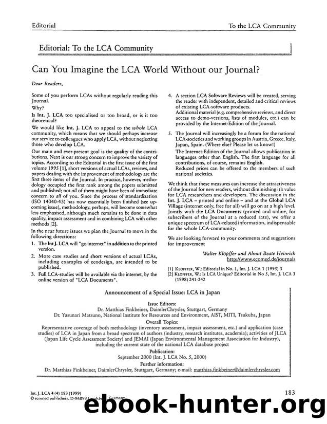 Announcement of a special issue: LCA in Japan by Unknown