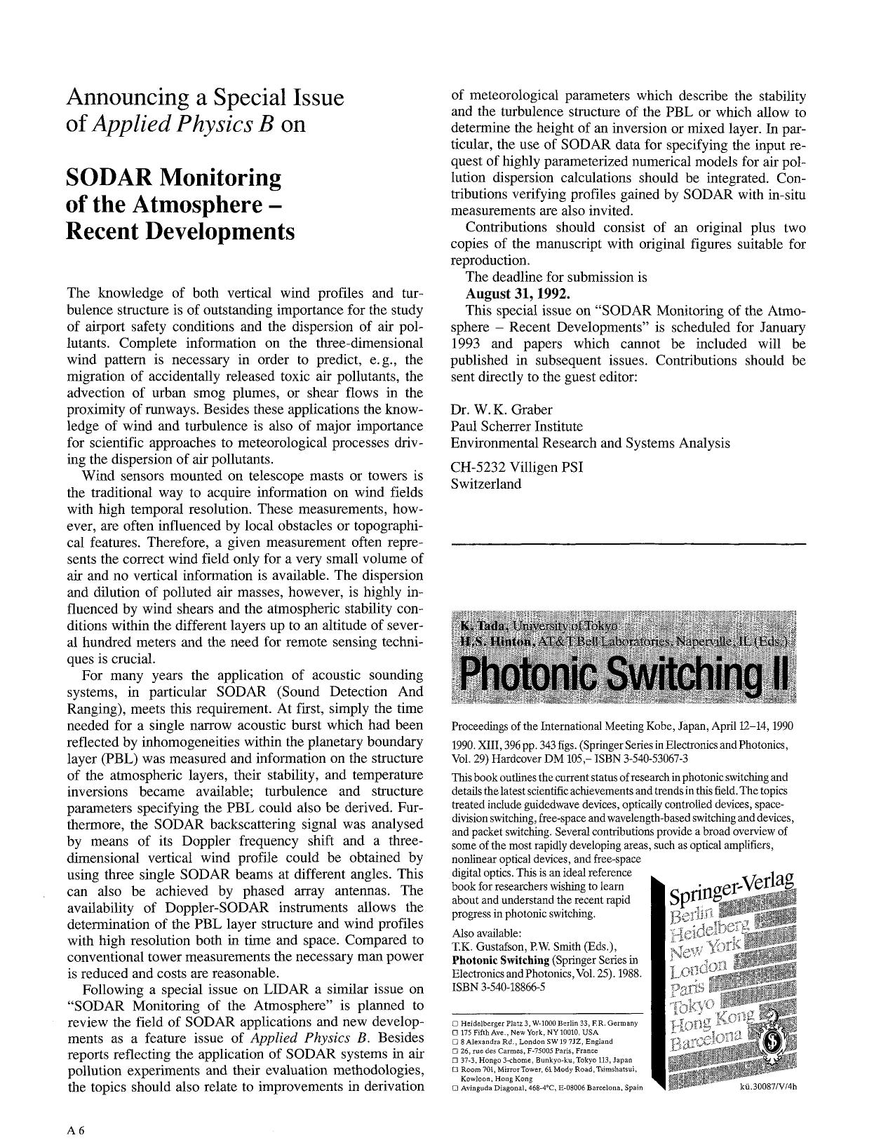 Announcing a special issue of applied physics B on SODAR monitoring of the atmosphere - Recent developments by Unknown