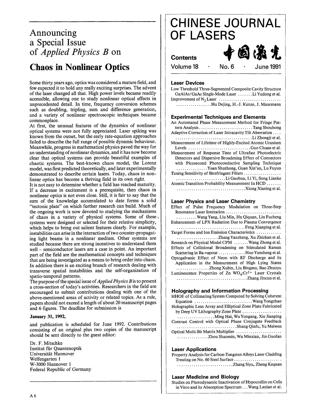 Announcing a special issue on Applied Physics B on chaos in nonlinear optics by Unknown