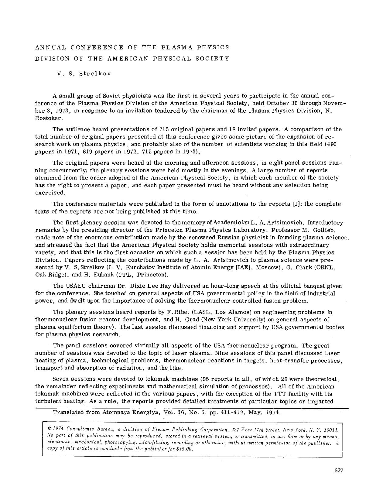 Annual Conference of the Plasma Physics Division of the American Physical Society by Unknown