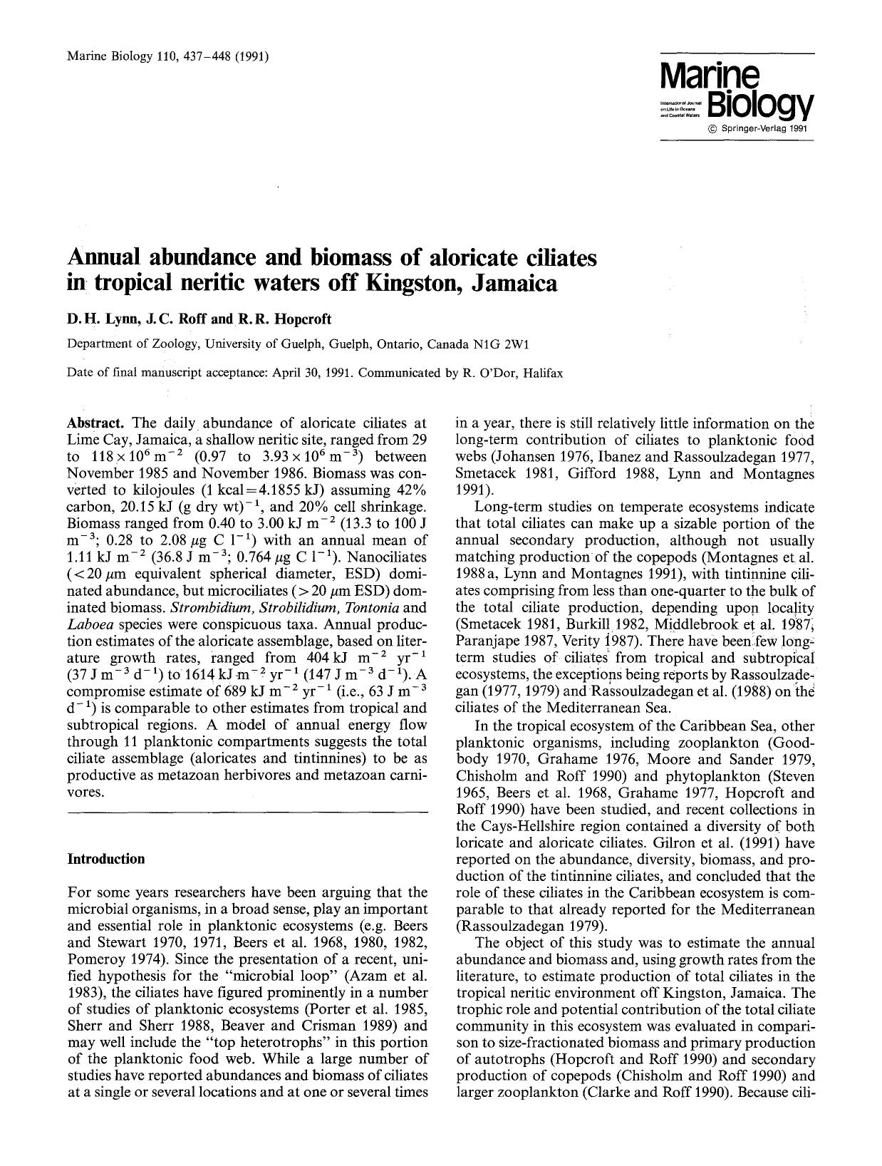 Annual abundance and biomass of aloricate ciliates in tropical neritic waters off Kingston, Jamaica by Unknown