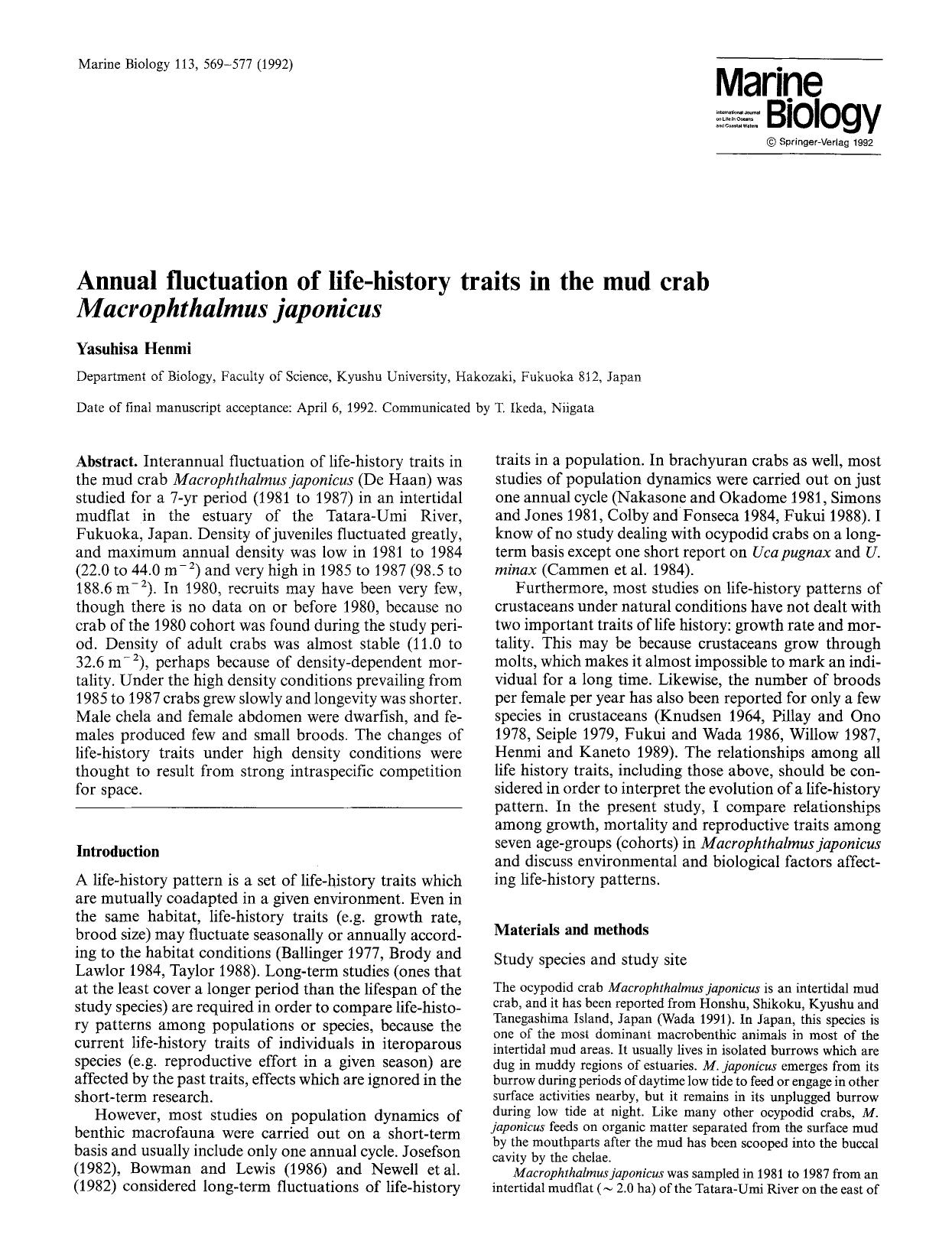Annual fluctuation of life-history traits in the mud crab <Emphasis Type="Italic">Macrophthalmus japonicus<Emphasis> by Unknown