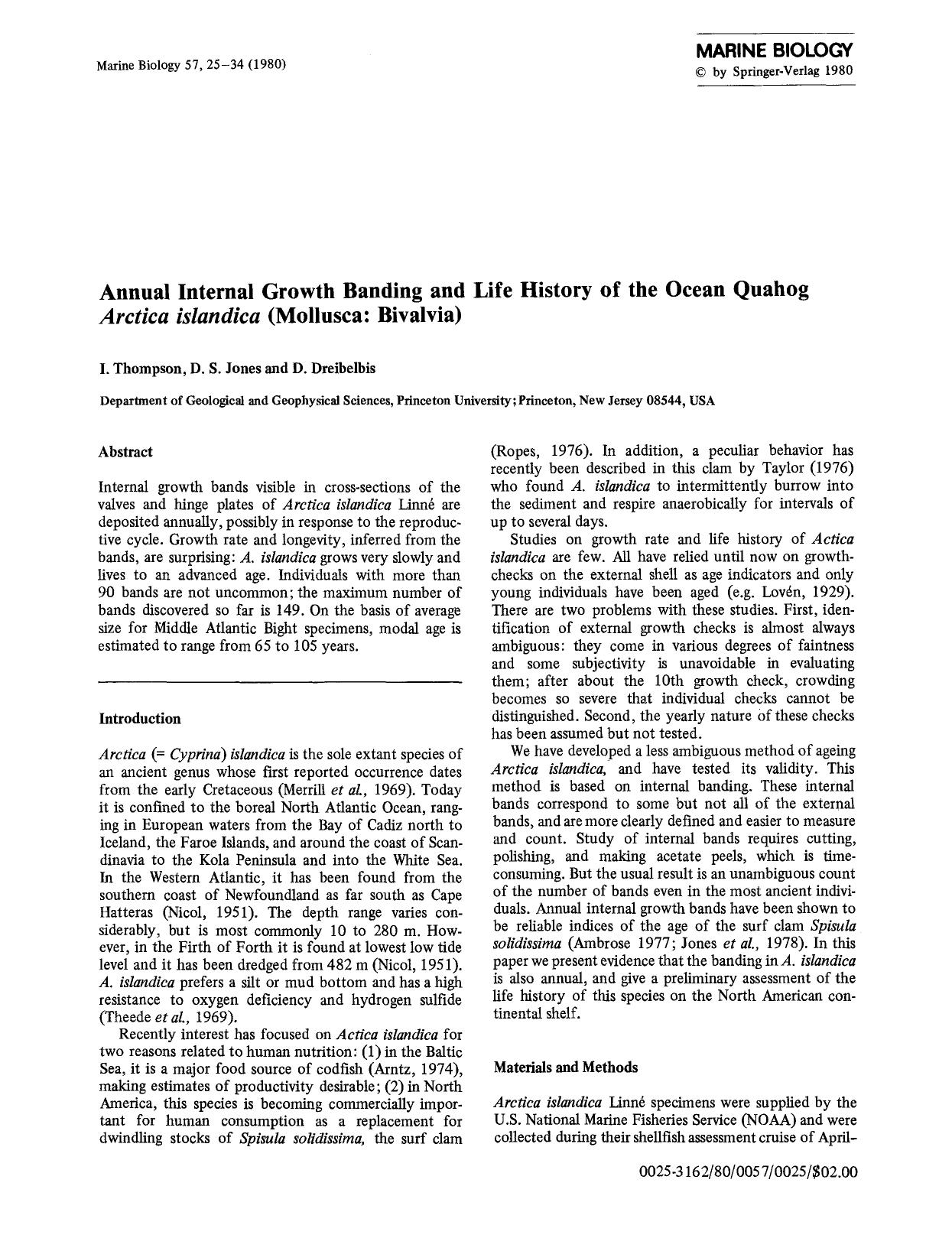 Annual internal growth banding and life history of the ocean quahog <Emphasis Type="Italic">Arctica islandica<Emphasis> (Mollusca: Bivalvia) by Unknown