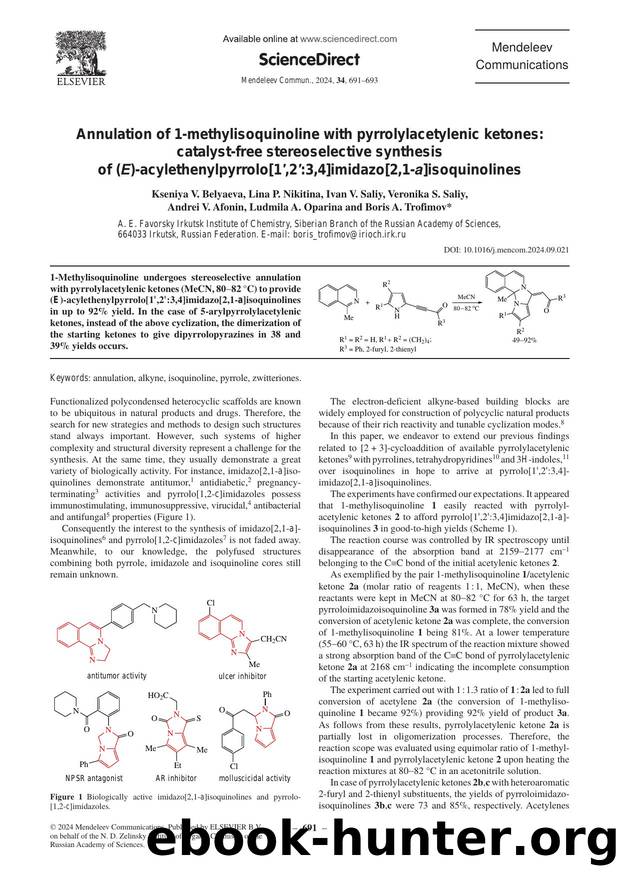Annulation of 1-methylisoquinoline with pyrrolylacetylenic ketones: catalyst-free stereoselective synthesis of (E)-acylethenylpyrrolo[1â,2â:3,4]imidazo[2,1-a]isoquinolines by unknow