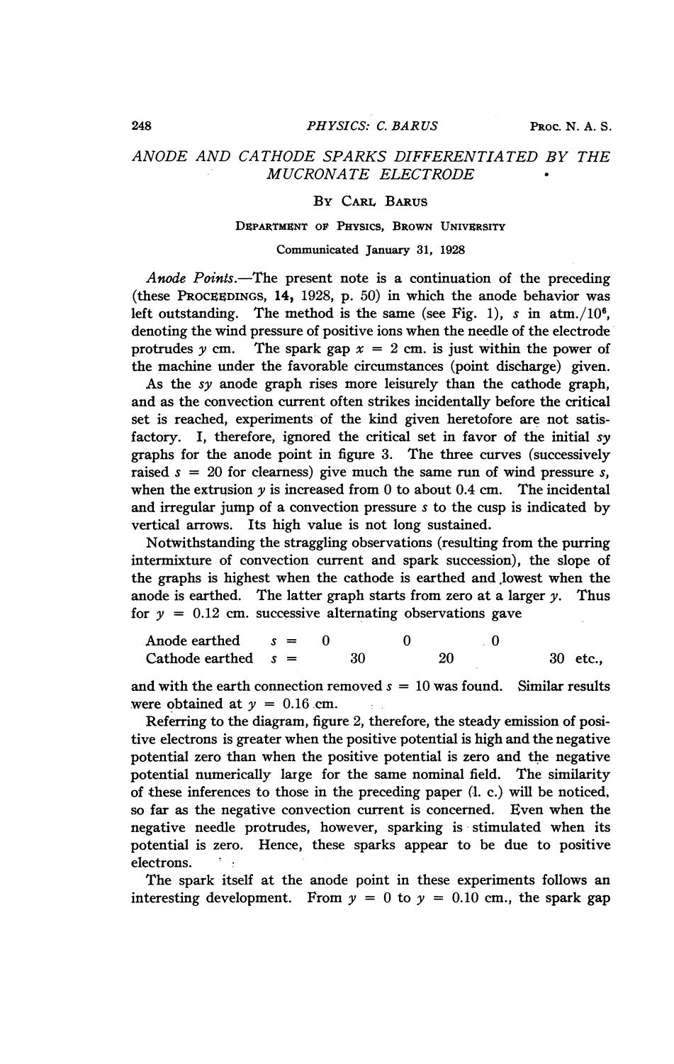 Anode and Cathode Sparks Differentiated by the Mucronate Electrode by Barus C