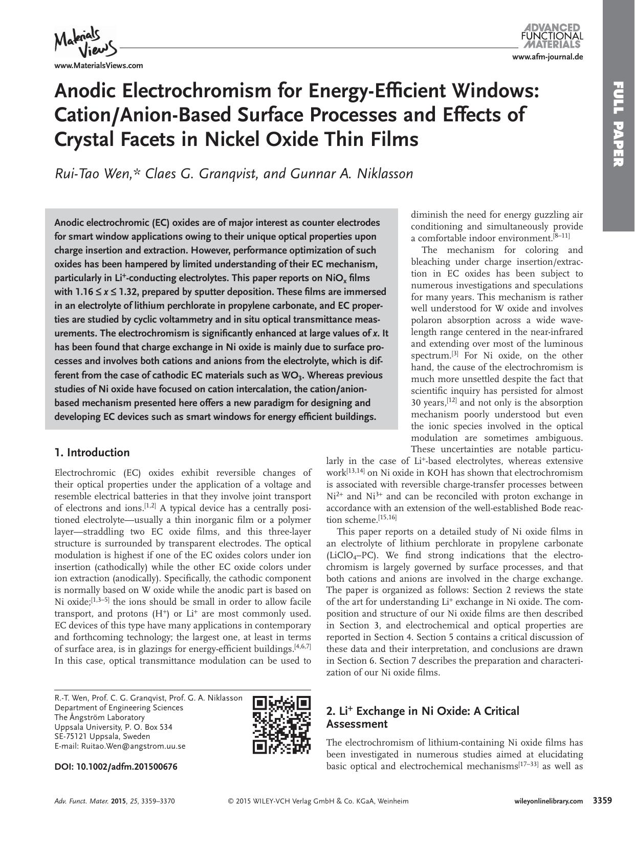 Anodic Electrochromism for Energy‐Efficient Windows: CationAnion‐Based Surface Processes and Effects of Crystal Facets in Nickel Oxide Thin Films by Unknown