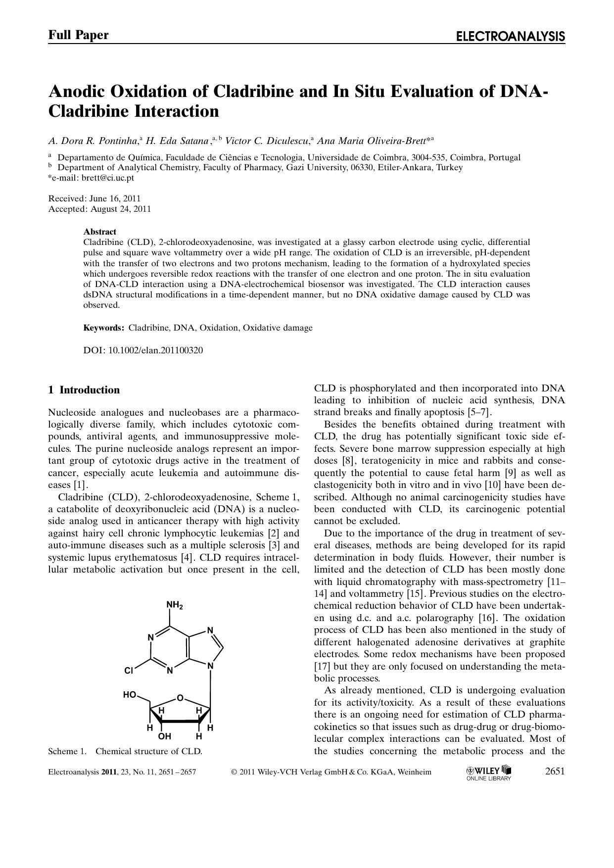 Anodic Oxidation of Cladribine and In Situ Evaluation of DNACladribine Interaction by Unknown