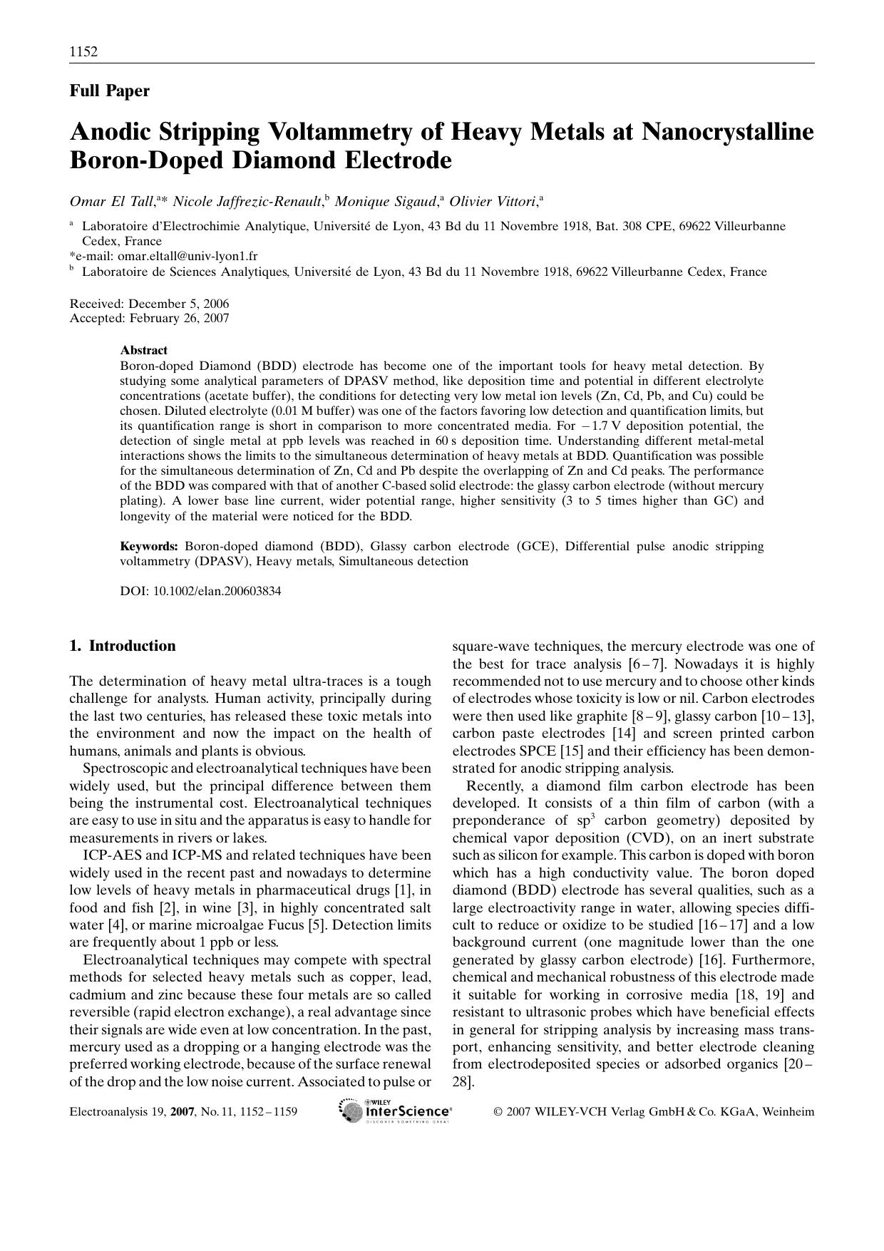 Anodic Stripping Voltammetry of Heavy Metals at Nanocrystalline Boron-Doped Diamond Electrode by Unknown