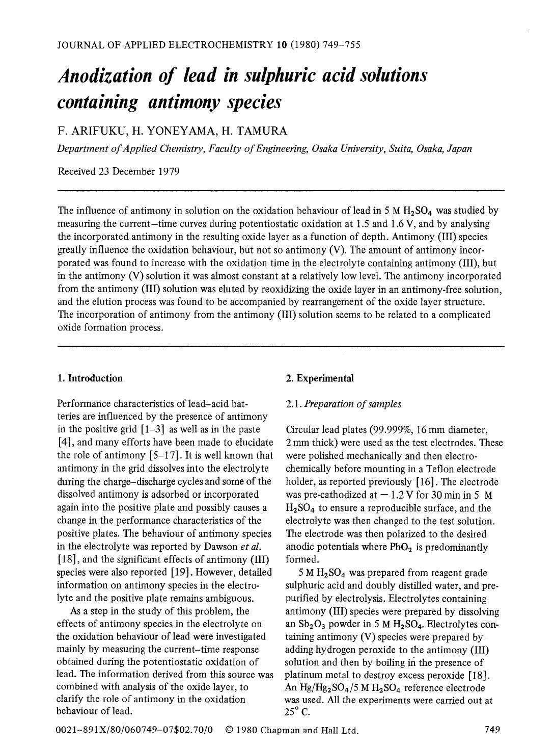 Anodization of lead in sulphuric acid solutions containing antimony species by Unknown
