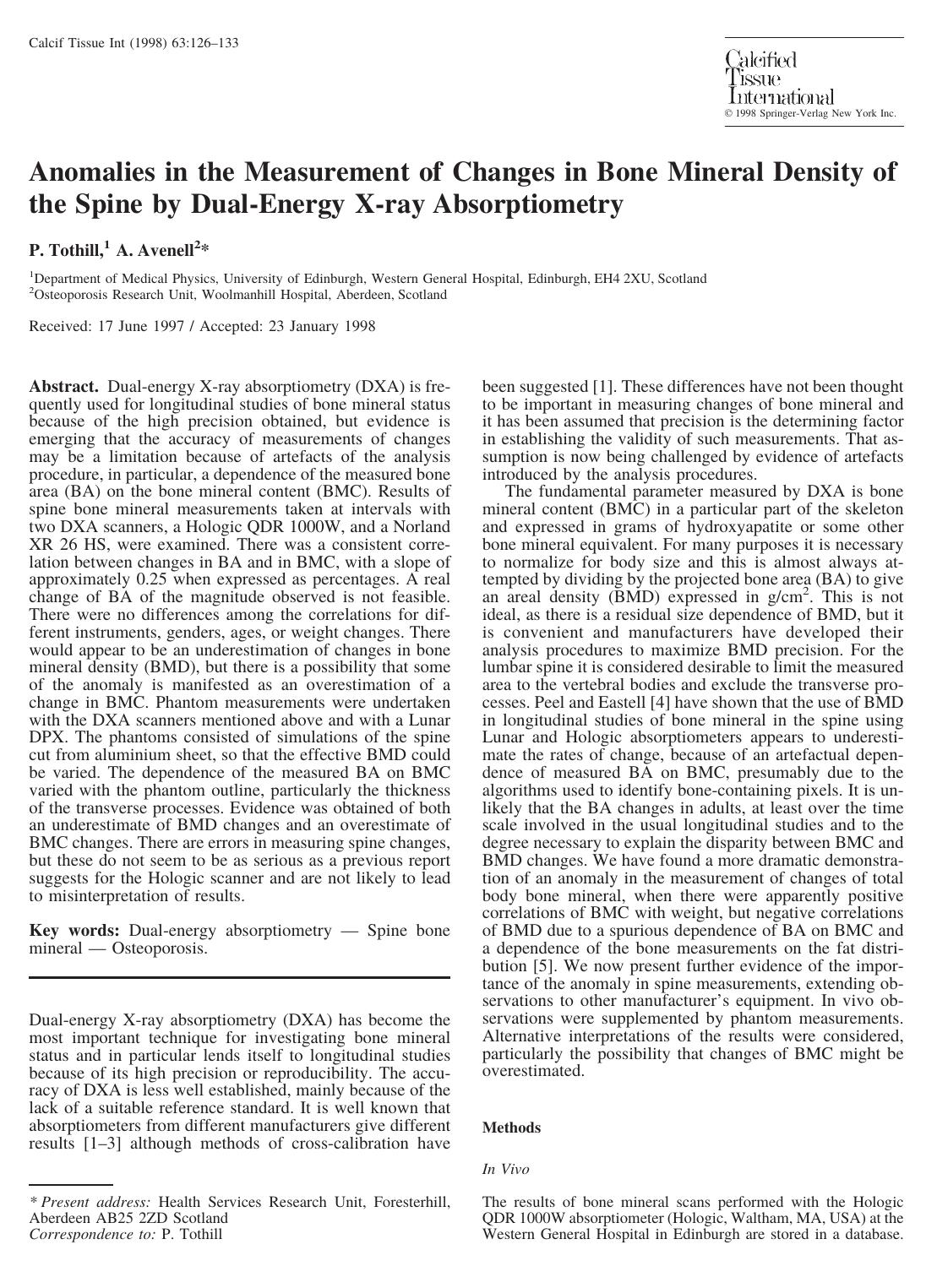 Anomalies in the Measurement of Changes in Bone Mineral Density of the Spine by Dual-Energy X-ray Absorptiometry by Tothill P. et al