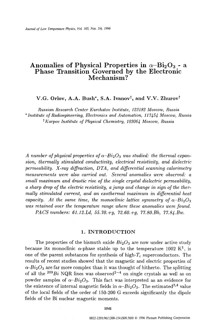 Anomalies of Physical Properties in <Emphasis Type="Italic">&#x03B1; <Emphasis>-Bi <Subscript>2 <Subscript>O <Subscript>3 <Subscript> &#x2014; a Phase Transition Governed by the Electronic Mechanism? by Unknown