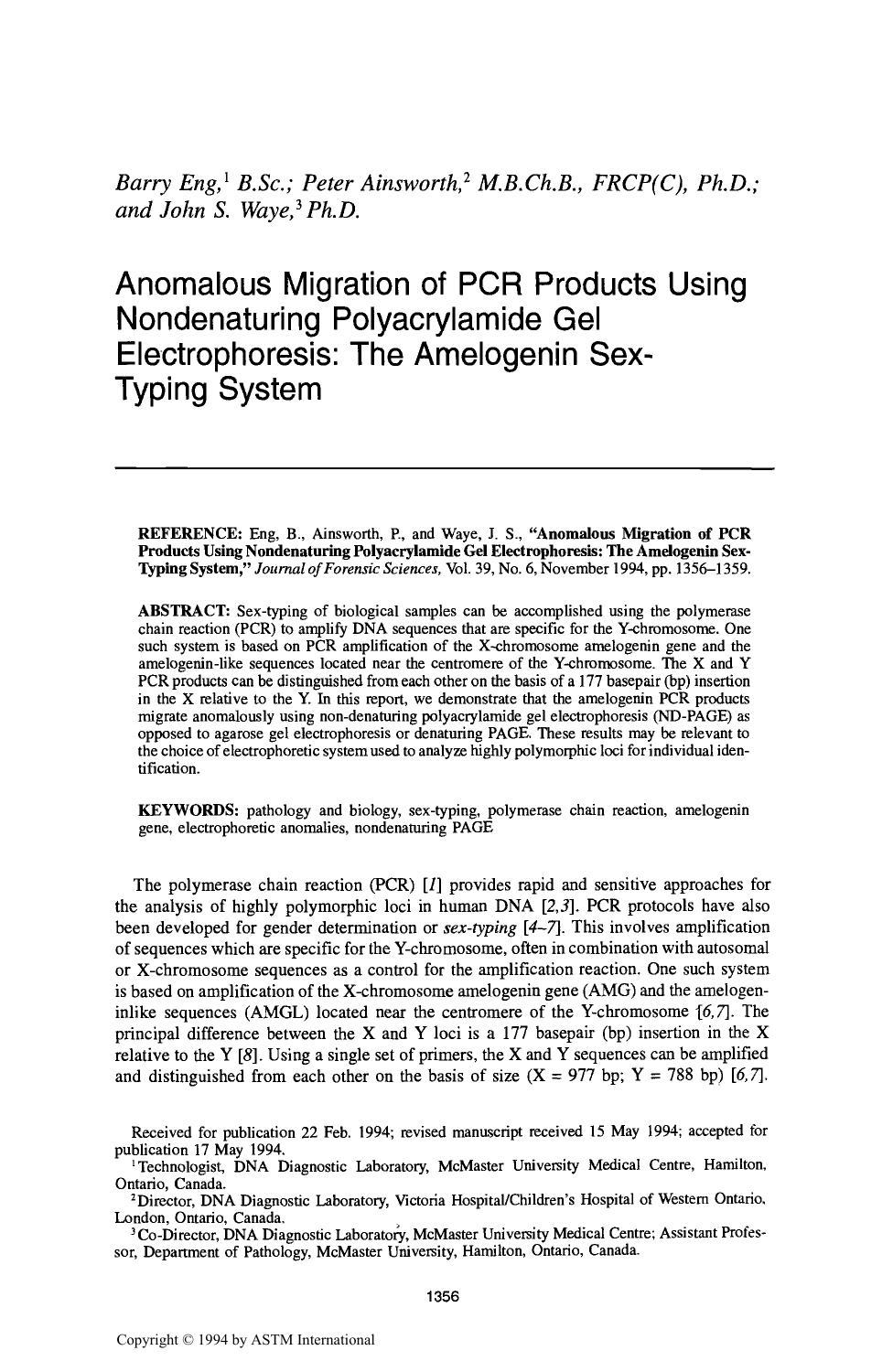 Anomalous Migration of PCR Products Using Nondenaturing Polyacrylamide Gel Electrophoresis: The Amelogenin Sex-Typing System by Eng B Ainsworth P Waye JS