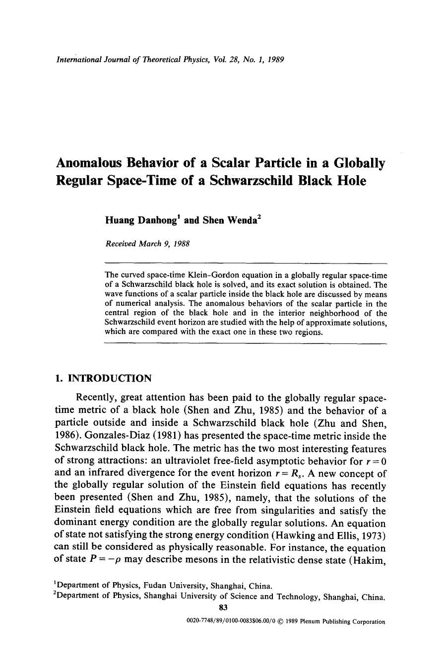 Anomalous behavior of a scalar particle in a globally regular space-time of a Schwarzschild black hole by Unknown
