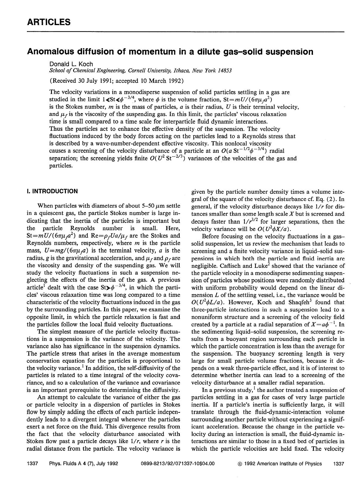 Anomalous diffusion of momentum in a dilute gas--solid suspension by Donald L. Koch