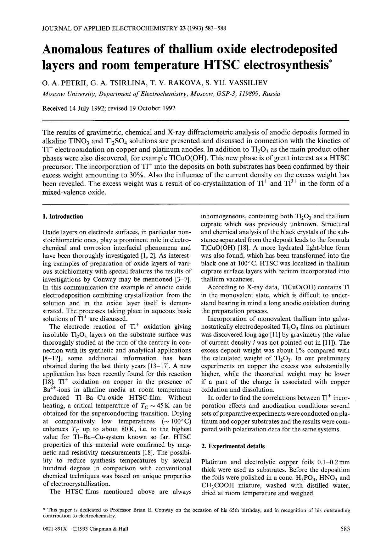 Anomalous features of thallium oxide electrodeposited layers and room temperature HTSC electrosynthesis by Unknown