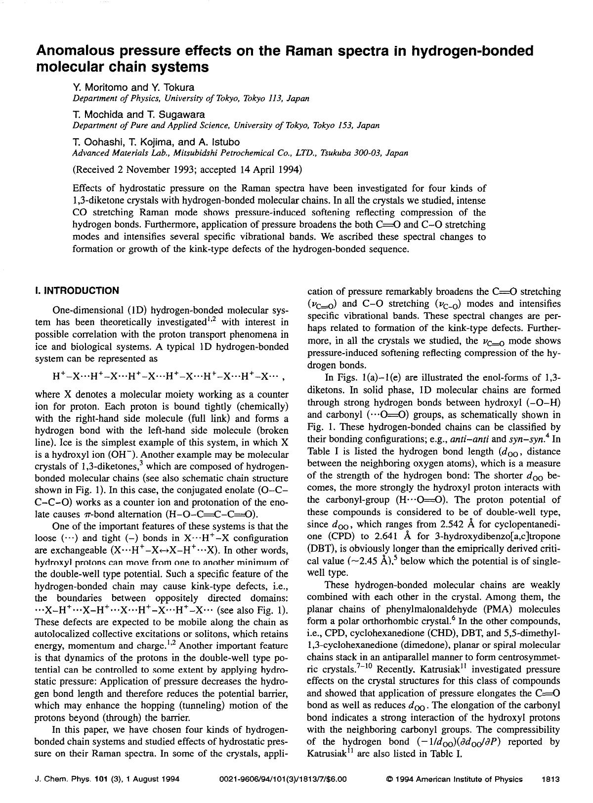 Anomalous pressure effects on the Raman spectra in hydrogen-bonded molecular chain systems by Y. Moritomo; Y. Tokura; T. Mochida; T. Sugawara; T. Oohashi; T. Kojima; A. Istubo