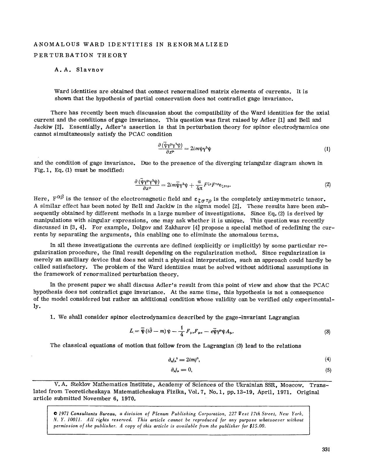 Anomalous ward identities in renormalized perturbation theory by Unknown