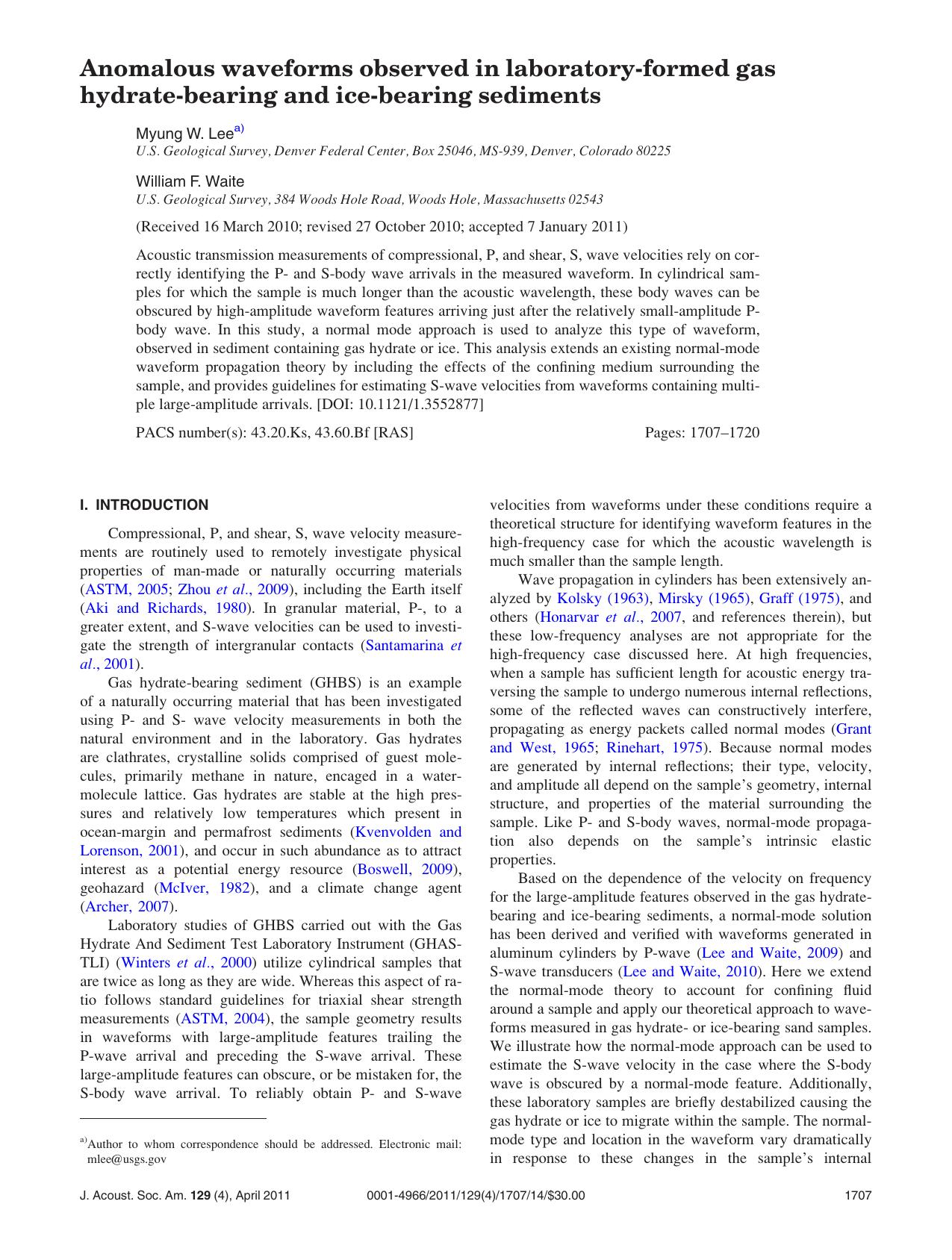 Anomalous wave forms observed in laboratory-formed gas hydrate-bearing and ice-bearing sediments by Myung W. Lee & William F. Waite