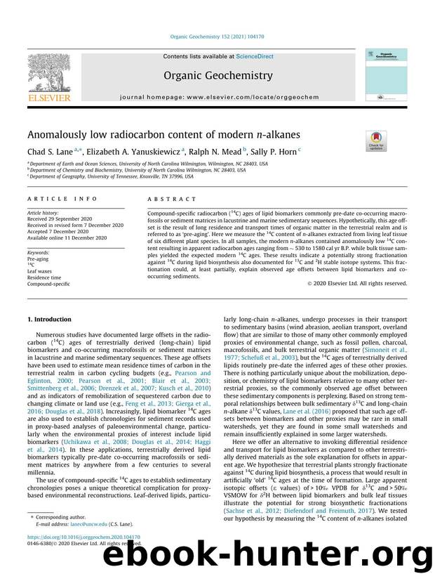 Anomalously low radiocarbon content of modern n-alkanes by Chad S. Lane & Elizabeth A. Yanuskiewicz & Ralph N. Mead & Sally P. Horn