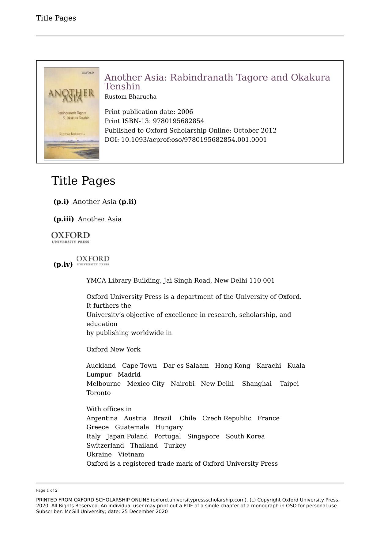 Another Asia: Rabindranath Tagore and Okakura Tenshin by Rustom Bharucha