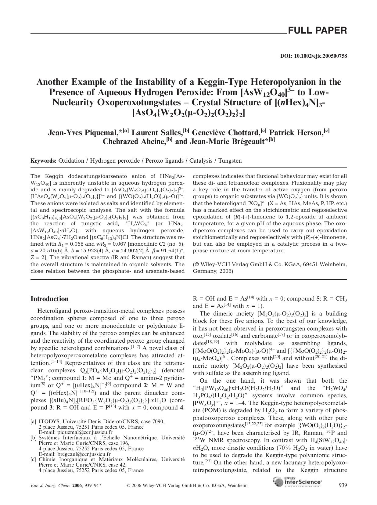 Another Example of the Instability of a Keggin-Type Heteropolyanion in the Presence of Aqueous Hydrogen Peroxide: From [AsW12O40]3- to Low-Nuclearity Oxoperoxotungstates - Crystal by Unknown