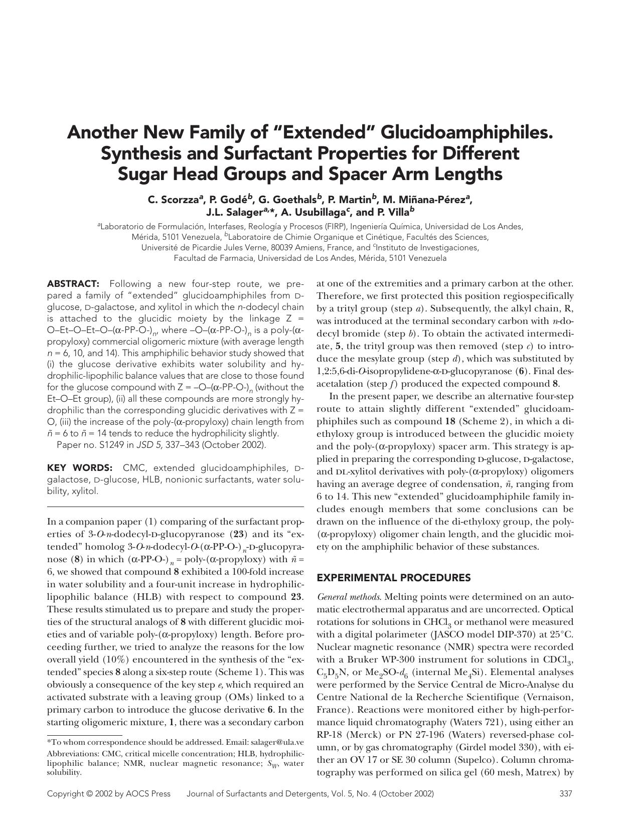 Another new family of “extended” glucidoamphiphiles. Synthesis and surfactant properties for different sugar head groups and spacer arm lengths by Unknown