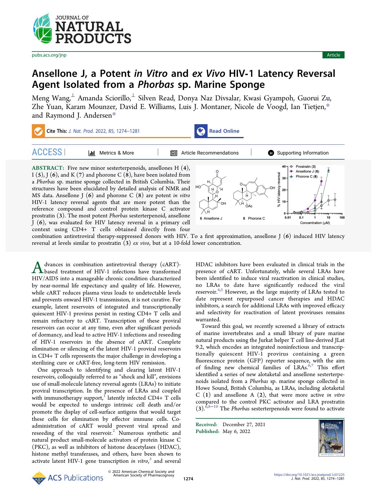 Ansellone J, a Potent in Vitro and ex Vivo HIV-1 Latency Reversal Agent Isolated from a Phorbas sp. Marine Sponge by unknow